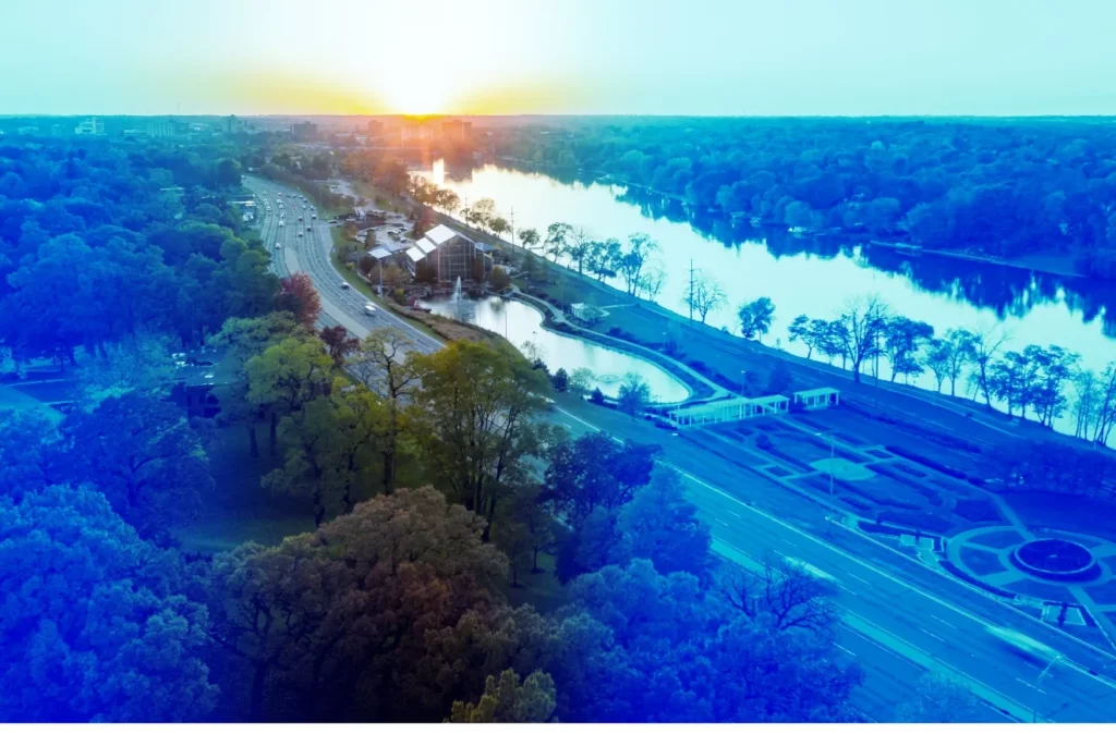 Arial View of the Rock River in Rockford, IL
